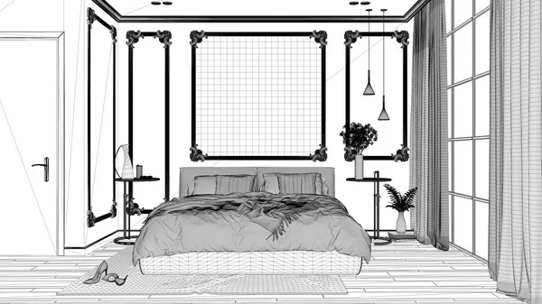 Projekt projektu Blueprint, Nowoczesna sypialnia w klasycznym pokoju z Listwy ścienne, parkiet, podwójne łóżko z kołdrą i poduszkami, lustro i dekory, koncepcja architektury wnętrz — Zdjęcie stockowe