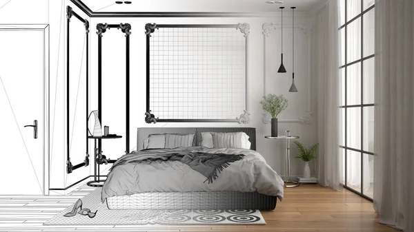 Architect interieur ontwerper concept: onvoltooide project dat wordt echte, moderne slaapkamer in klassieke kamer met muur lijstwerk, parket, dubbel bed met dekbed, interieur ontwerpconcept — Stockfoto