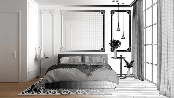 Architect interior designer concept: unfinished project that becomes real, modern bedroom in classic room with wall moldings, parquet, double bed with duvet, interior design concept — Stock Photo, Image