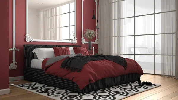 Dormitorio moderno de color rojo en habitación clásica con molduras de pared, suelo de parquet, cama doble con edredón y almohadas, mesitas de noche minimalistas, espejo y decoraciones. Concepto de diseño interior —  Fotos de Stock