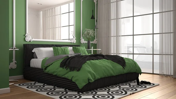 Modern green colored bedroom in classic room with wall moldings, parquet, double bed with duvet and pillows, minimalist bedside tables, mirror and decors. Interior design concept