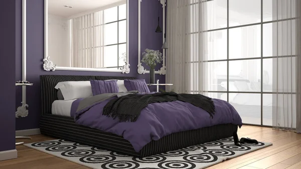 Modern violet colored bedroom in classic room with wall moldings, parquet, double bed with duvet and pillows, minimalist bedside tables, mirror and decors. Interior design concept