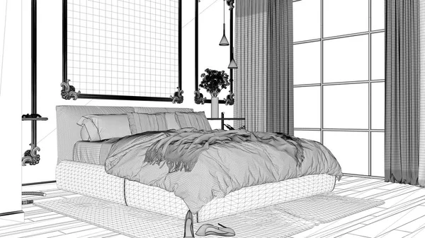 Проект чертежа, современная спальня в классическом номере с настенными лепнинами, паркет, двуспальная кровать с пододеяльниками и подушками, зеркало и декоры, концепция дизайна интерьера — стоковое фото