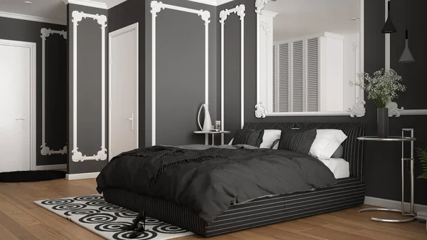 Modernes weißes und graues Schlafzimmer im klassischen Zimmer mit Wandleisten, Parkett, Doppelbett mit Bettdecke und Kissen, minimalistischen Nachttischen, Spiegel und Dekoren. Raumkonzept — Stockfoto
