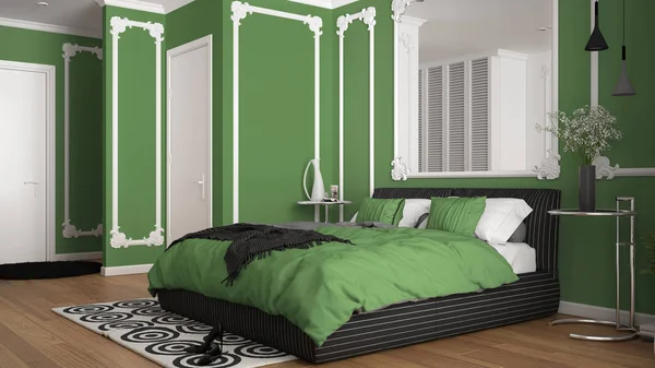 Modern green colored bedroom in classic room with wall moldings, parquet, double bed with duvet and pillows, minimalist bedside tables, mirror and decors. Interior design concept