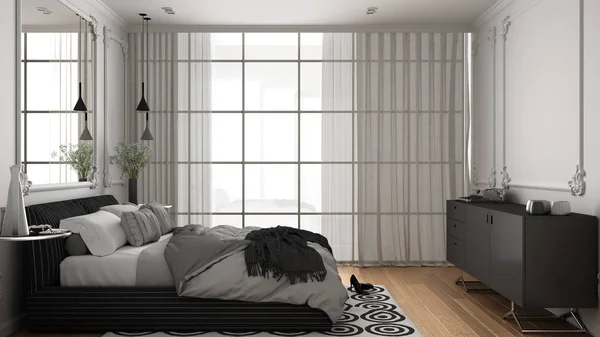 Moderna habitación blanca en habitación clásica con molduras de pared, suelo de parquet, cama doble con edredón y almohadas, mesitas de noche minimalistas, espejo y decoración. Concepto de diseño interior —  Fotos de Stock