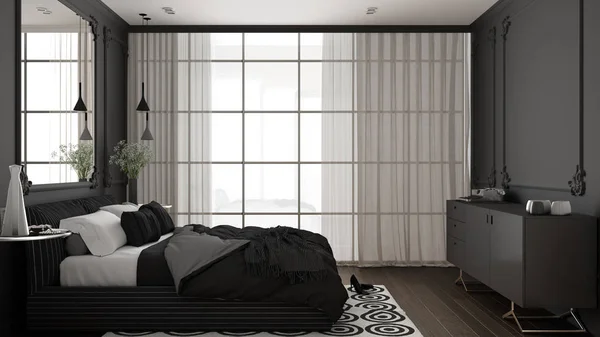 Современная спальня в классическом номере с настенными лепнинами, паркетным полом, двуспальной кроватью с одеялом и подушками, минималистскими тумбочками, зеркалом и декором. Концепция интерьера — стоковое фото
