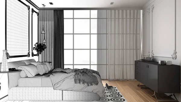 建筑师室内设计师概念：未完成的项目，成为真正的，现代卧室在经典房间与墙壁成型，镶木地板，双人床与羽绒被，室内设计概念 — 图库照片
