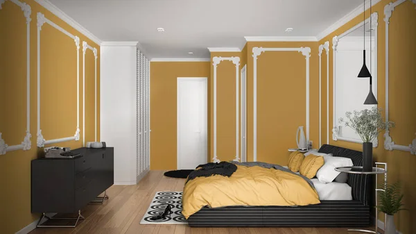 Modern yellow colored bedroom in classic room with wall moldings, parquet, double bed with duvet and pillows, minimalist bedside tables, mirror and decors. Interior design concept