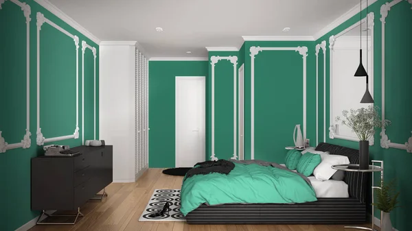 Dormitorio moderno de color turquesa en habitación clásica con molduras de pared, parquet, cama doble con edredón y almohadas, mesitas de noche minimalistas, espejo y decoraciones. Concepto de diseño interior —  Fotos de Stock