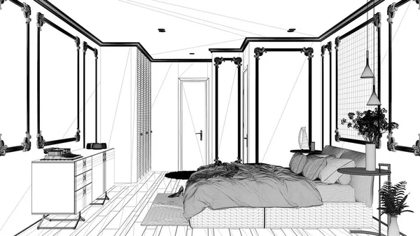 Blueprint proje taslak, duvar pervazları ile klasik odada modern yatak odası, parke, yorgan ve yastık, ayna ve dekorlar, iç tasarım mimari kavramı ile çift kişilik yatak — Stok fotoğraf