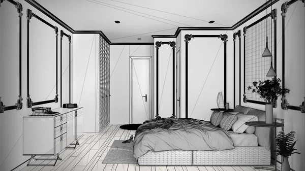 现代卧室的未完成项目，在经典房间与墙壁成型，镶木地板，双人床与羽绒被和枕头，镜子和装饰，室内设计建筑概念 — 图库照片
