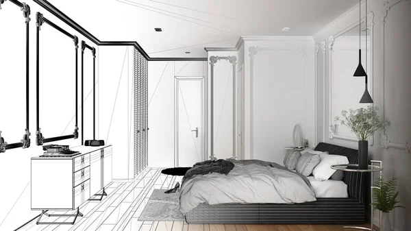 Architect interior designer concept: unfinished project that becomes real, modern bedroom in classic room with wall moldings, parquet, double bed with duvet, interior design concept