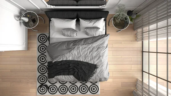 Moderna camera da letto bianca in camera classica con modanature a parete, pavimento in parquet, letto matrimoniale con piumone e cuscini, comodini, specchio e decori. Concetto di interior design, vista dall'alto, pianta — Foto Stock