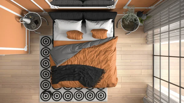 Dormitorio moderno de color naranja en habitación clásica con molduras de pared, suelo de parquet, cama con edredón y almohadas, mesitas de noche, espejo y decoración. Concepto de diseño de interiores, vista superior — Foto de Stock