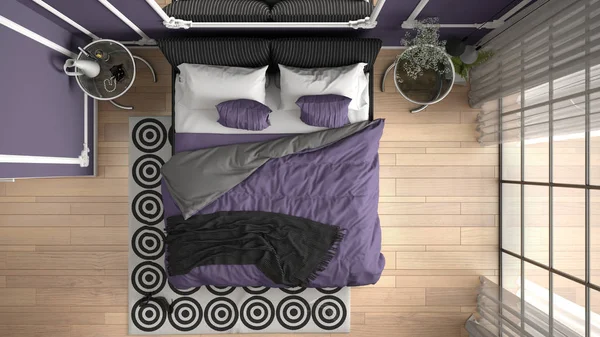 Modern purple colored bedroom in classic room with wall moldings, parquet floor, bed with duvet and pillows, bedside tables, mirror and decors. Interior design concept, top view