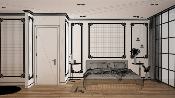 寄木細工の床と成形品の白い壁、カスタム建築設計プロジェクト、黒インクスケッチ、モダンなベッドルームのインテリアデザインを示す青写真と空の白いインテリア — ストック写真