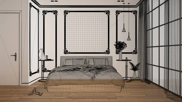 寄木細工の床と成形品の白い壁、カスタム建築設計プロジェクト、黒インクスケッチ、モダンなベッドルームのインテリアデザインを示す青写真と空の白いインテリア — ストック写真