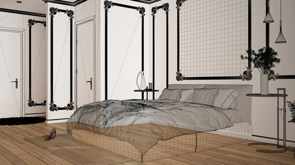 Interni bianchi vuoti con pavimento in parquet e pareti bianche con modanature, progetto di architettura personalizzato, schizzo di inchiostro nero, cianografia che mostra il moderno design degli interni della camera da letto — Foto Stock