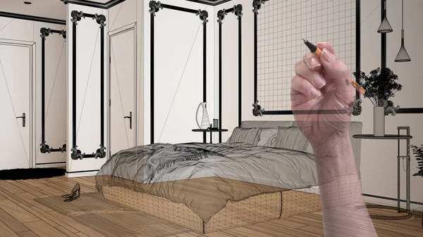 Αρχιτέκτονας εσωτερικός σχεδιαστής: Χειροποίητη σχεδίαση εσωτερικού σχεδίου, μοντέρνο λευκό και ξύλινο υπνοδωμάτιο με διπλό κρεβάτι, λευκούς τοίχους με καλούπια, κομοδίνο — Φωτογραφία Αρχείου