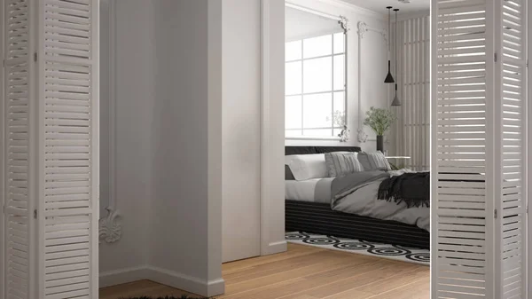 Белые складные двери современной роскошной классической спальни с двуспальной кроватью, ковром и большим панорамным окном, дизайн интерьера, концепция архитектора, размытый фон — стоковое фото