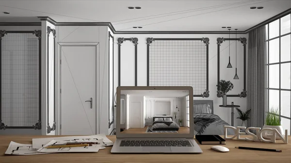 건축가 디자이너 데스크탑 컨셉, 인테리어 디자인 프로젝트, 청사진 초안 배경, 나무 바닥이있는 고전적인 고급 흰색 침실을 보여주는 화면이있는 나무 작업 책상에 노트북 — 스톡 사진