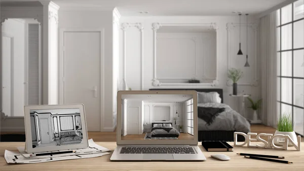 Architect designer desktop concept, laptop και tablet σε ξύλινο γραφείο με οθόνη που δείχνει εσωτερικό σχεδιασμό του έργου και CAD σκίτσο, θολή σχέδιο στο παρασκήνιο, κλασικό υπνοδωμάτιο — Φωτογραφία Αρχείου