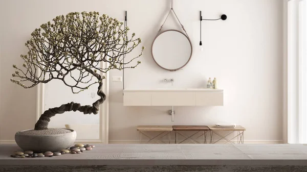 Vintage drewniany półka stołowa z żwirowym i doniczkowym kwitnąć bonsai, białe kwiaty, nad nowoczesną łazienką z umywalką i lustrem, nowoczesny wystrój wnętrz, Zen czystej architektury koncepcji idei — Zdjęcie stockowe