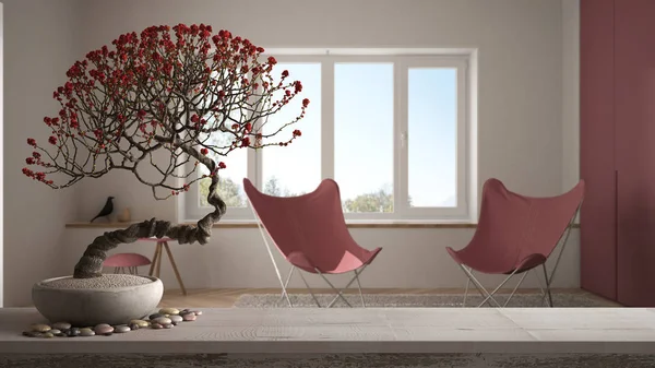 Estante de mesa de madera vintage con guijarros y bonsái en maceta, flores blancas, sala de estar panorámica con sillones, diseño interior moderno, idea de concepto de arquitectura limpia zen — Foto de Stock