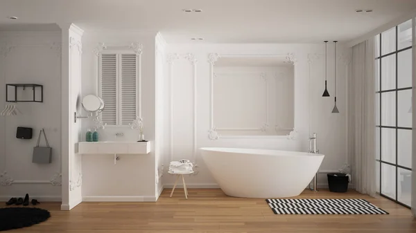 Moderno cuarto de baño blanco en habitación clásica con molduras de pared, suelo de parquet, bañera con alfombra y accesorios, lavabo minimalista y decoraciones, lámparas colgantes. Concepto de diseño interior —  Fotos de Stock