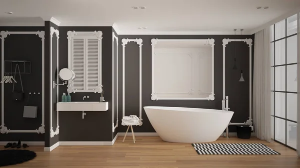 Moderno bagno bianco e grigio in camera classica, modanature a parete, pavimento in parquet, vasca con moquette e accessori, lavandino minimalista e decori, lampade a sospensione. Concetto di interior design — Foto Stock