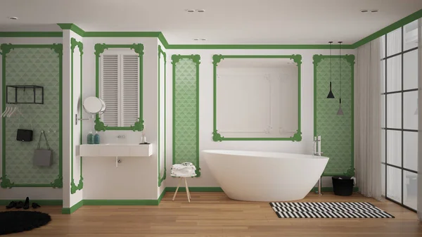 Moderno bagno bianco e verde in camera classica, modanature a parete, pavimento in parquet, vasca con moquette e accessori, lavandino minimalista e decori, lampade a sospensione. Concetto di interior design — Foto Stock