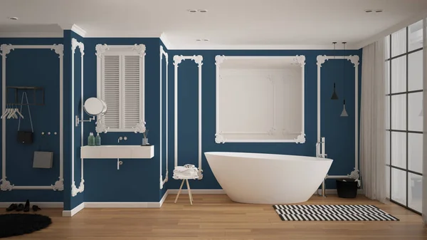 Moderno bagno bianco e blu in camera classica, modanature a parete, pavimento in parquet, vasca con moquette e accessori, lavandino minimalista e decori, lampade a sospensione. Concetto di interior design — Foto Stock