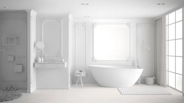 Загальний білий проект мінімалістичної ванної кімнати в класичній кімнаті, облицювання стін, паркетна підлога, ванна з килимом та аксесуарами, раковина та декор, концепція сучасної архітектури — стокове фото