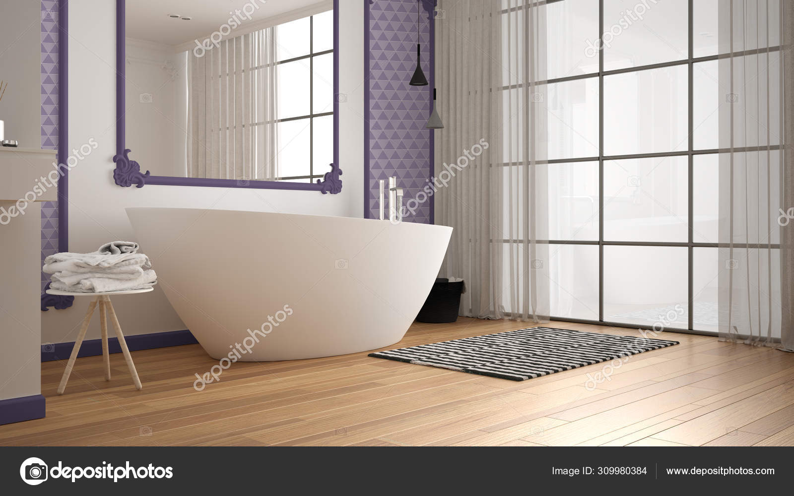 Moderno banheiro branco e roxo no quarto clássico, molduras de parede, piso  em parquet, banheira com tapete e acessórios, pia minimalista e decorações,  lâmpadas pingente. Conceito de design de interiores — Foto ©, image size:1600x1000