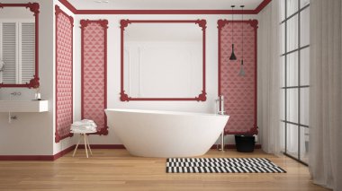 Klasik odada modern beyaz ve kırmızı banyo, duvar pervazları, parke zemin, halı ve aksesuarları ile küvet, minimalist lavabo ve dekorlar, kolye lambaları. İç tasarım konsepti
