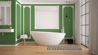 Klasik odada modern beyaz ve yeşil banyo, duvar pervazları, parke zemin, halı ve aksesuarları ile küvet, minimalist lavabo ve dekorlar, kolye lambaları. İç tasarım konsepti