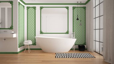 Klasik odada modern beyaz ve yeşil banyo, duvar pervazları, parke zemin, halı ve aksesuarları ile küvet, minimalist lavabo ve dekorlar, kolye lambaları. İç tasarım konsepti