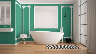 Klasik odada modern beyaz ve turkuaz banyo, duvar pervazları, parke, halı ve aksesuarları ile küvet, minimalist lavabo ve dekorlar, kolye lambaları. İç tasarım konsepti