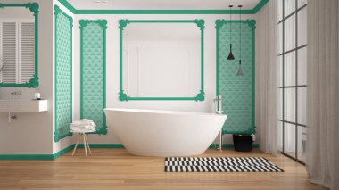 Klasik odada modern beyaz ve turkuaz banyo, duvar pervazları, parke, halı ve aksesuarları ile küvet, minimalist lavabo ve dekorlar, kolye lambaları. İç tasarım konsepti