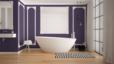 Klasik odada modern beyaz ve mor banyo, duvar pervazları, parke zemin, halı ve aksesuarları ile küvet, minimalist lavabo ve dekorlar, kolye lambaları. İç tasarım konsepti
