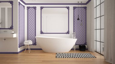 Klasik odada modern beyaz ve mor banyo, duvar pervazları, parke zemin, halı ve aksesuarları ile küvet, minimalist lavabo ve dekorlar, kolye lambaları. İç tasarım konsepti