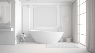 Klasik odada minimalist banyo toplam beyaz proje, duvar kalıpları, parke zemin, halı ve aksesuarları ile küvet, lavabo ve dekorlar, modern mimari konsept fikir