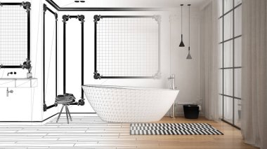 Mimar iç tasarımcı konsepti: gerçek olur bitmemiş proje, klasik odada minimalist banyo, duvar kalıpları, parke zemin, küvet ve lavabo, modern iç tasarım