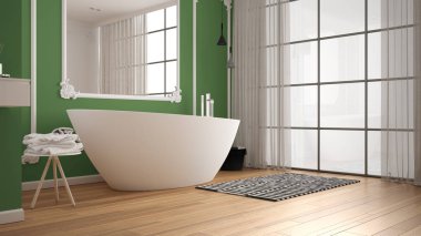 Klasik odada modern beyaz ve yeşil banyo, duvar pervazları, parke zemin, halı ve aksesuarları ile küvet, minimalist lavabo ve dekorlar, kolye lambaları. İç tasarım konsepti