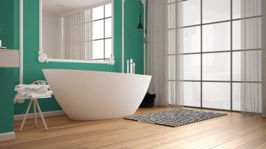 Klasik odada modern beyaz ve turkuaz banyo, duvar pervazları, parke, halı ve aksesuarları ile küvet, minimalist lavabo ve dekorlar, kolye lambaları. İç tasarım konsepti