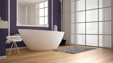 Klasik odada modern beyaz ve mor banyo, duvar pervazları, parke zemin, halı ve aksesuarları ile küvet, minimalist lavabo ve dekorlar, kolye lambaları. İç tasarım konsepti