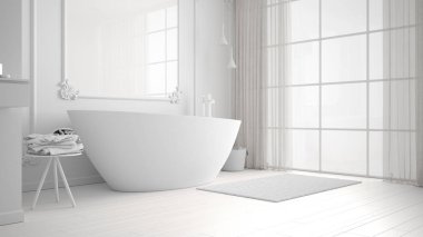Klasik odada minimalist banyo toplam beyaz proje, duvar kalıpları, parke zemin, halı ve aksesuarları ile küvet, lavabo ve dekorlar, modern mimari konsept fikir