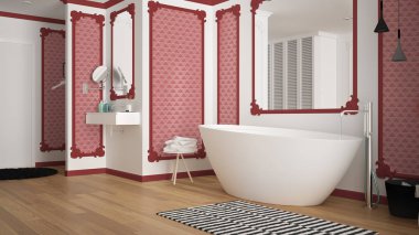Klasik odada modern beyaz ve kırmızı banyo, duvar pervazları, parke zemin, halı ve aksesuarları ile küvet, minimalist lavabo ve dekorlar, kolye lambaları. İç tasarım konsepti