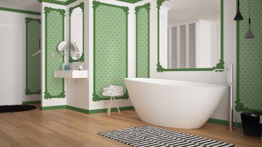 Klasik odada modern beyaz ve yeşil banyo, duvar pervazları, parke zemin, halı ve aksesuarları ile küvet, minimalist lavabo ve dekorlar, kolye lambaları. İç tasarım konsepti